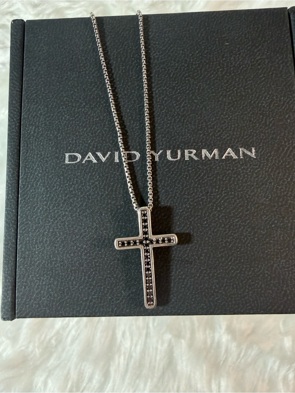 David Yurman Silver Cross Necklace with Black Diamond Accents